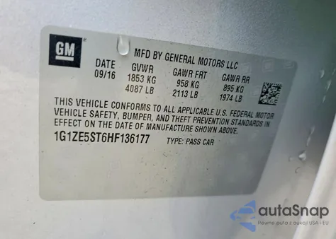 2017 Chevrolet Malibu Lt из США, поврежденный, VIN 1G1ZE5ST6HF136177